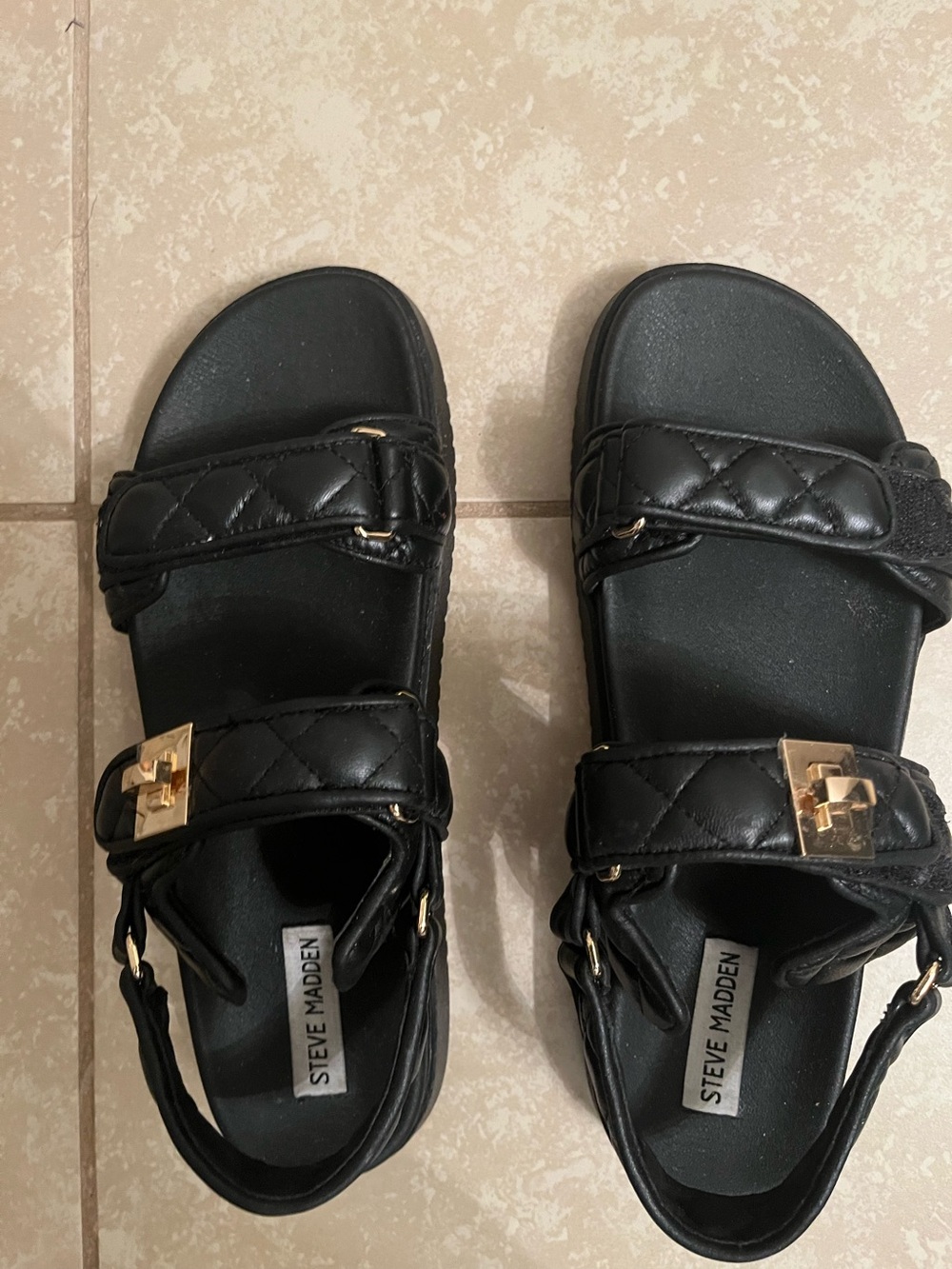 Steve Madden Black Quilted Strap Sandals with Gold Buckles